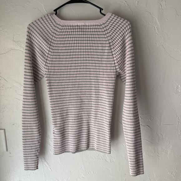 Gap Sweater Y2k Large Pink Gray Striped Stretch Crewneck Long Sleeve Pullover - Picture 8 of 8